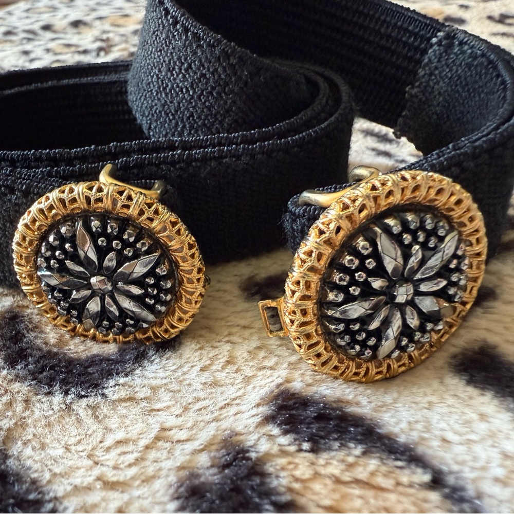Vintage Black Elastic Belt Rhinestone Art Deco Style Starburst Buckle